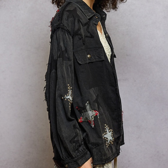 New Pol Denim Shacket Black Button Shirt Women Stars Boho 100% Cotton Denim - Picture 3 of 9
